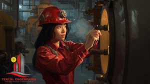 Engenheiro inspecionando vaso de pressão
