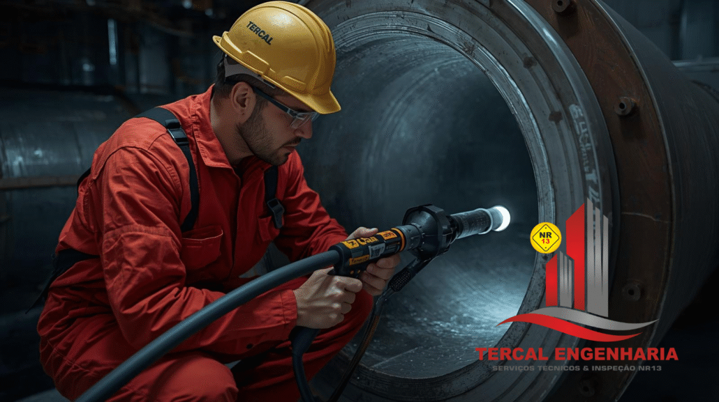 Técnico realiza videoscopia industrial em tubulação para inspeção preventiva.