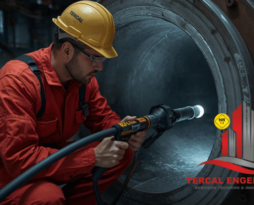 Técnico realiza videoscopia industrial em tubulação para inspeção preventiva.