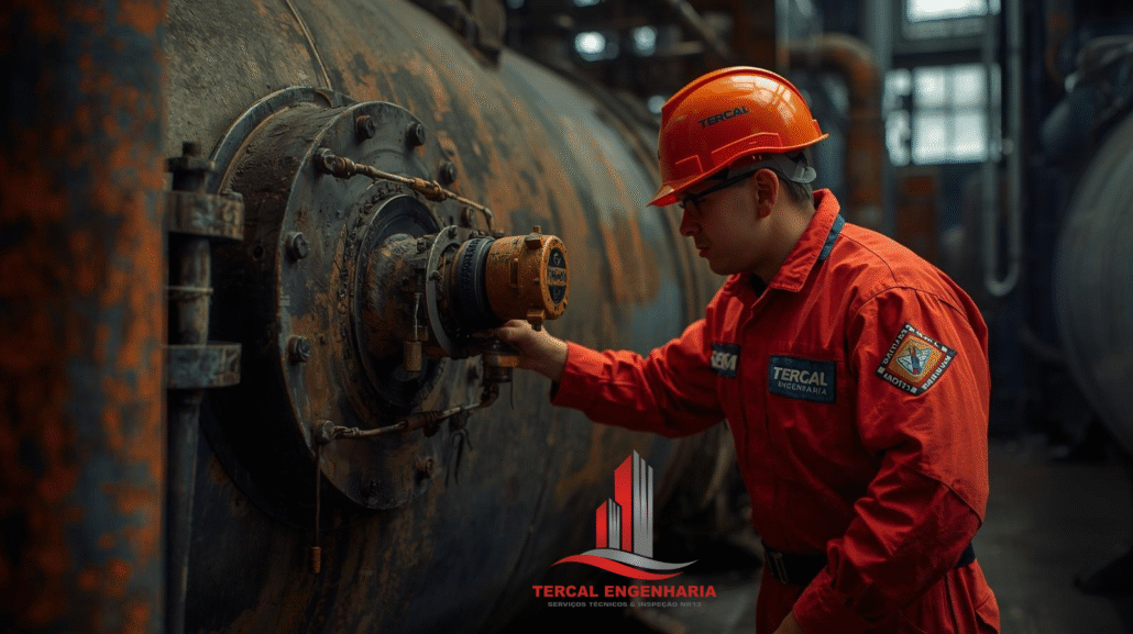 Técnico realizando inspeção NR13 em caldeira industrial
