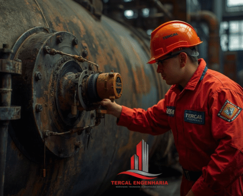 Técnico realizando inspeção NR13 em caldeira industrial