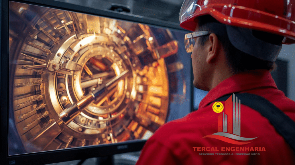 Tela de monitor mostra detalhe interno de caldeira inspecionada por videoscopia.