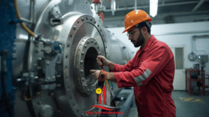 Engenheiro inspecionando vaso de pressão