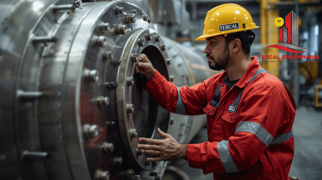 Engenheiro realizando inspeção visual em um vaso de pressão industrial.