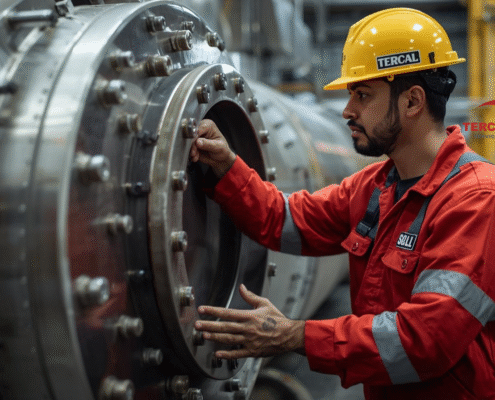 Engenheiro realizando inspeção visual em um vaso de pressão industrial.