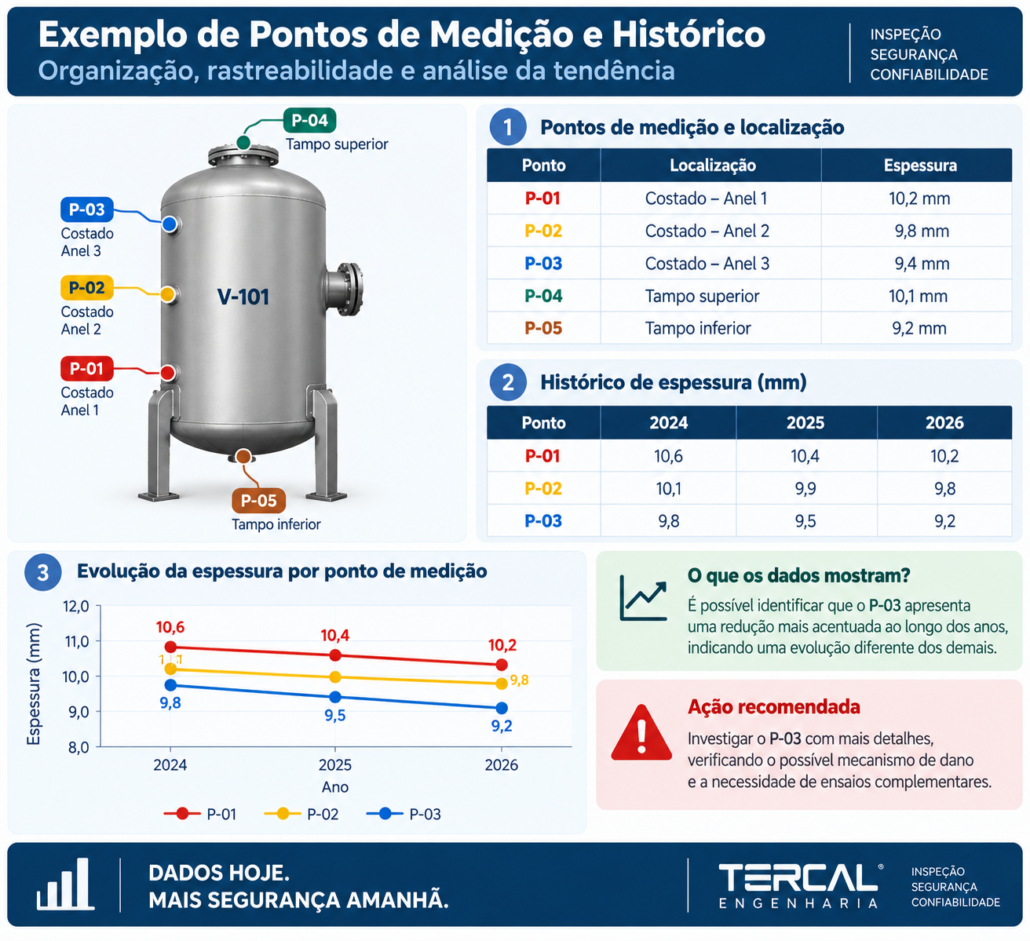 pontos de medição de espessura